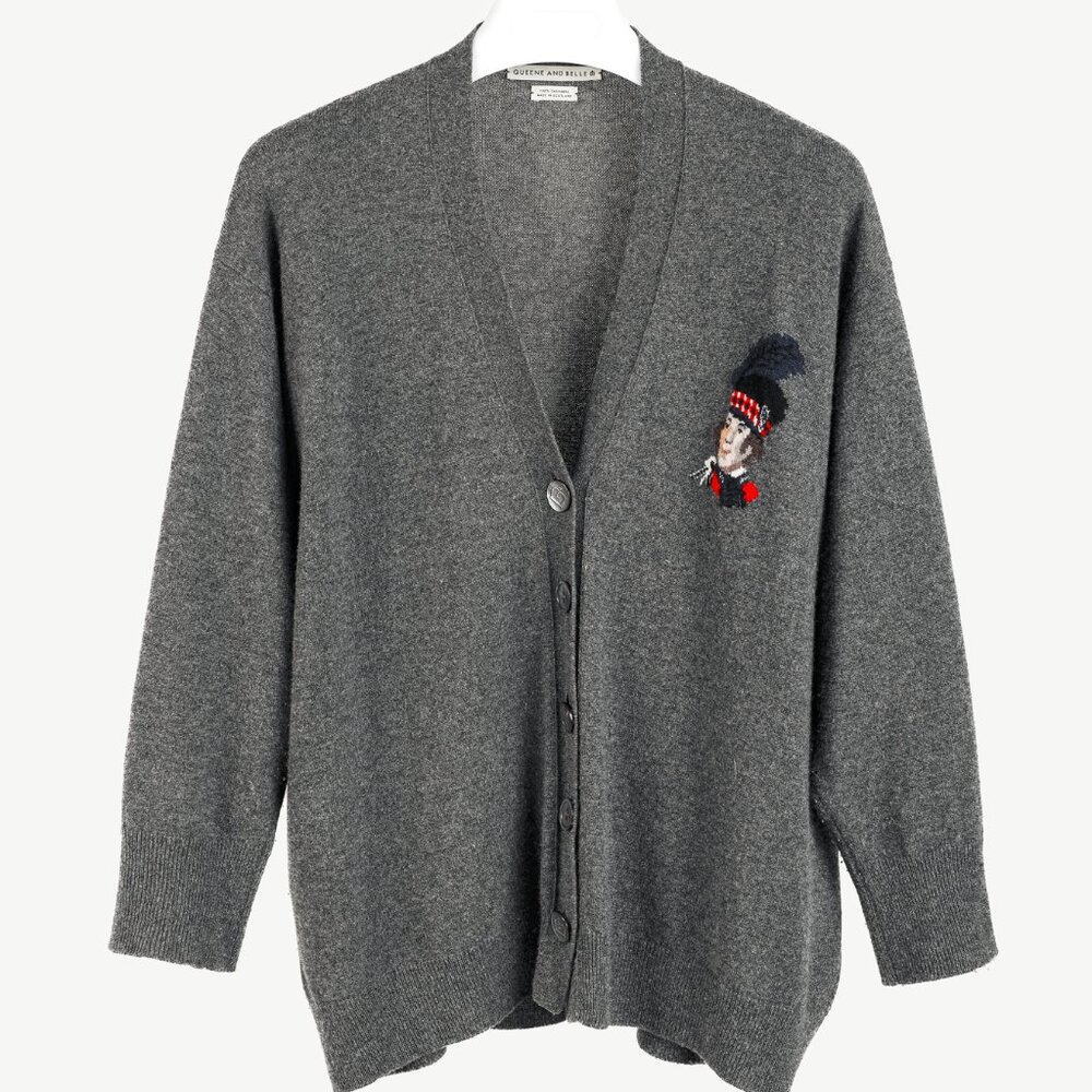 Queene and Belle Grey Cashmere Intarsia V-Neck Cardigan